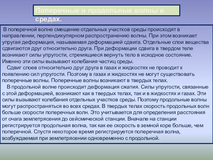 Поперечные и продольные волны в средах. В поперечной волне смещение отдельных участков