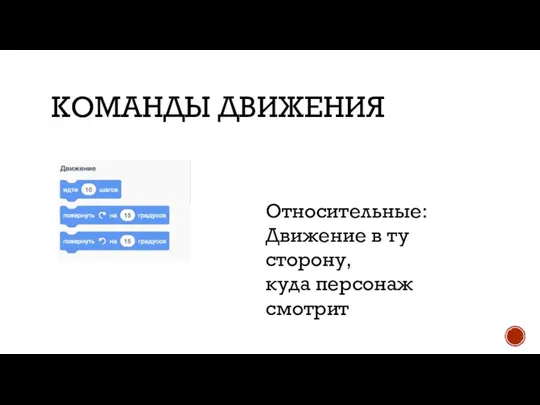 КОМАНДЫ ДВИЖЕНИЯ Относительные: Движение в ту сторону, куда персонаж смотрит