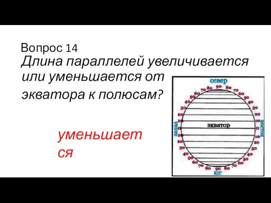 Вопрос 14 Длина параллелей увеличивается или уменьшается от экватора к полюсам? уменьшается