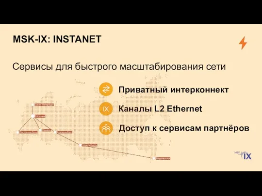 Cервисы для быстрого масштабирования сети Каналы L2 Ethernet Доступ к сервисам партнёров MSK-IX: INSTANET Приватный интерконнект