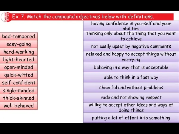 Ex. 7. Match the compound adjectives below with definitions. bad-tempered easy-going hard-working