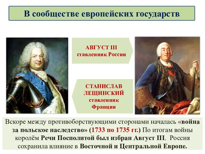 Вскоре между противоборствующими сторонами началась «война за польское наследство» (1733 по 1735