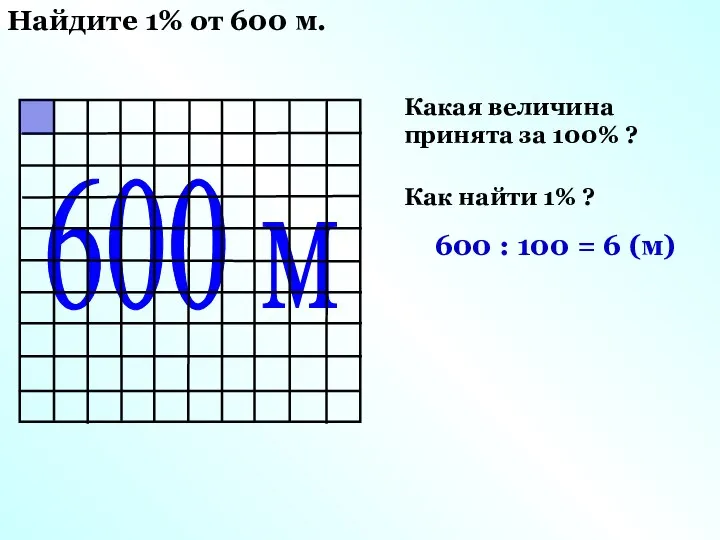 Какая величина принята за 100% ? 600 м Найдите 1% от 600