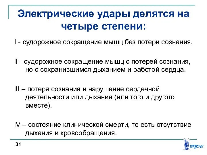 Электрические удары делятся на четыре степени: I - судорожное сокращение мышц без