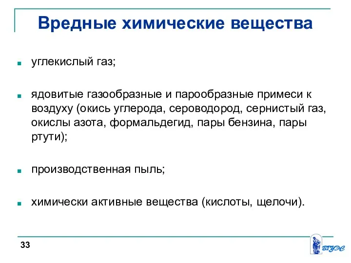 Вредные химические вещества углекислый газ; ядовитые газообразные и парообразные примеси к воздуху