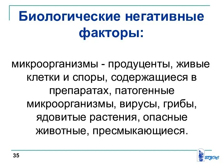 Биологические негативные факторы: микроорганизмы - продуценты, живые клетки и споры, содержащиеся в