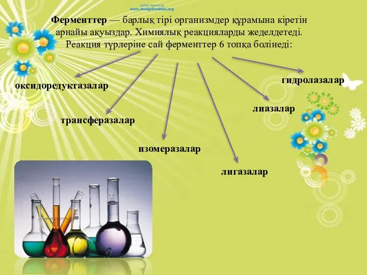 Ферменттер — барлық тірі организмдер құрамына кіретін арнайы ақуыздар. Химиялық реакцияларды жеделдетеді.