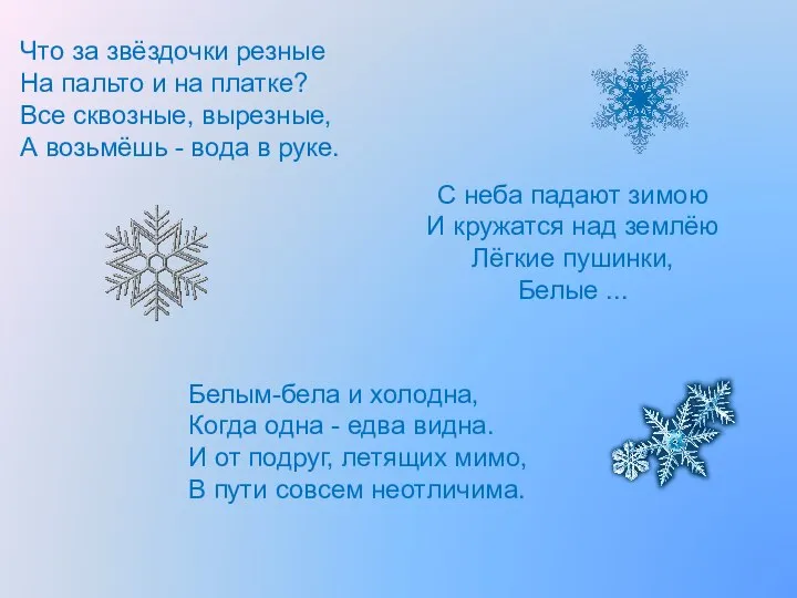 Что за звёздочки резные На пальто и на платке? Все сквозные, вырезные,