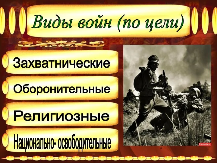 Виды войн (по цели) Захватнические Оборонительные Религиозные Национально- освободительные