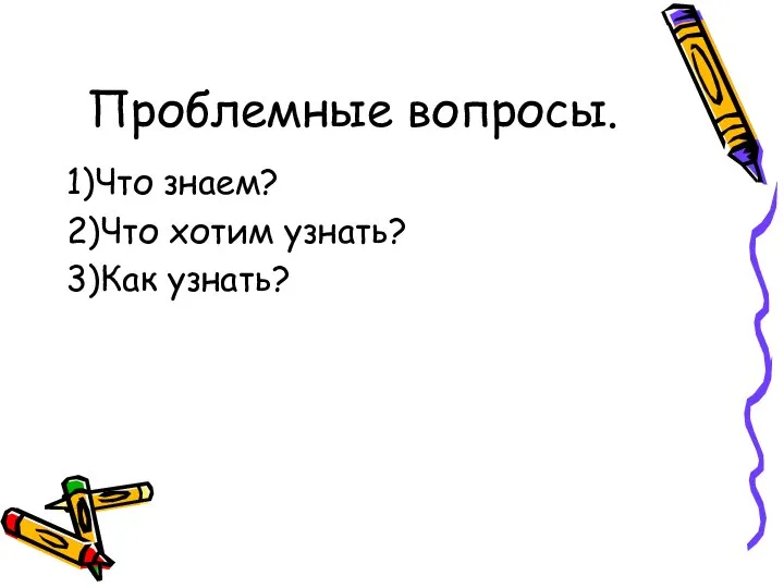 Проблемные вопросы. 1)Что знаем? 2)Что хотим узнать? 3)Как узнать?