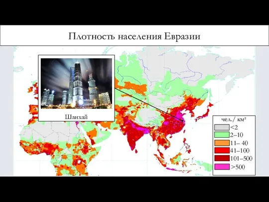 Плотность населения Евразии Шанхай чел./ км² 2–10 11– 40 41–100 101–500 >500