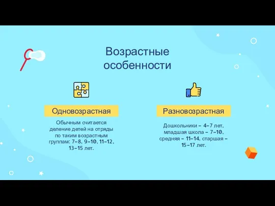 Возрастные особенности Обычным считается деление детей на отряды по таким возрастным группам: