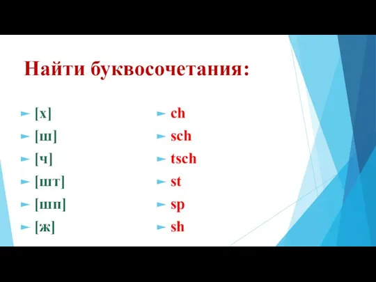 Найти буквосочетания: [х] [ш] [ч] [шт] [шп] [ж] ch sch tsch st sp sh