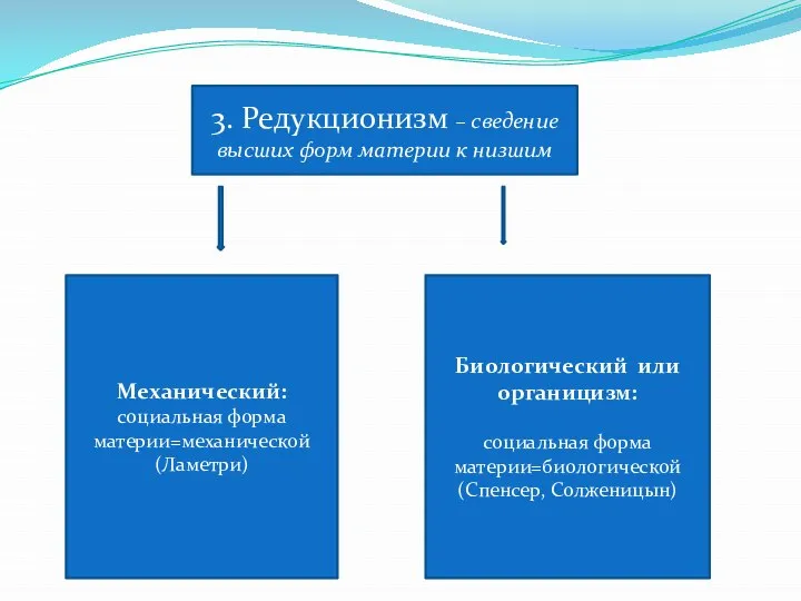 3. Редукционизм – сведение высших форм материи к низшим Механический: социальная форма