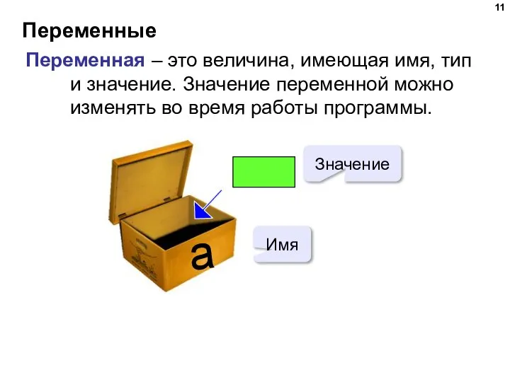 Переменные Переменная – это величина, имеющая имя, тип и значение. Значение переменной