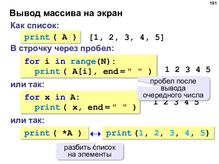 Вывод массива на экран Как список: print ( A ) [1, 2,