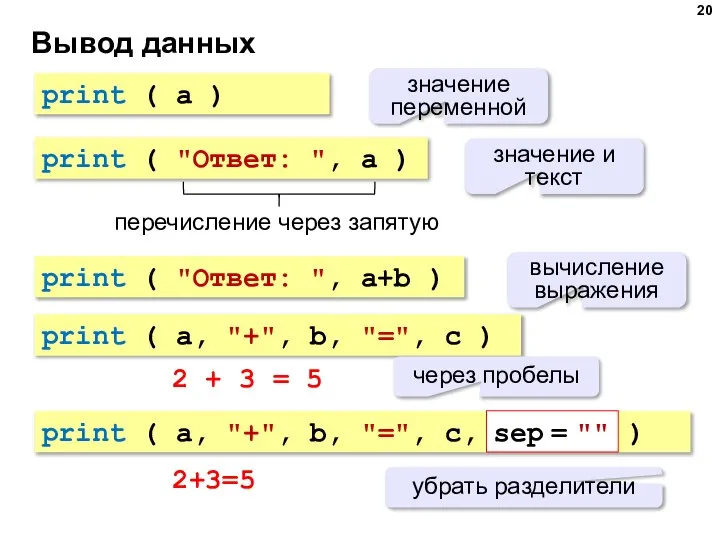 Вывод данных print ( a ) значение переменной print ( "Ответ: ",