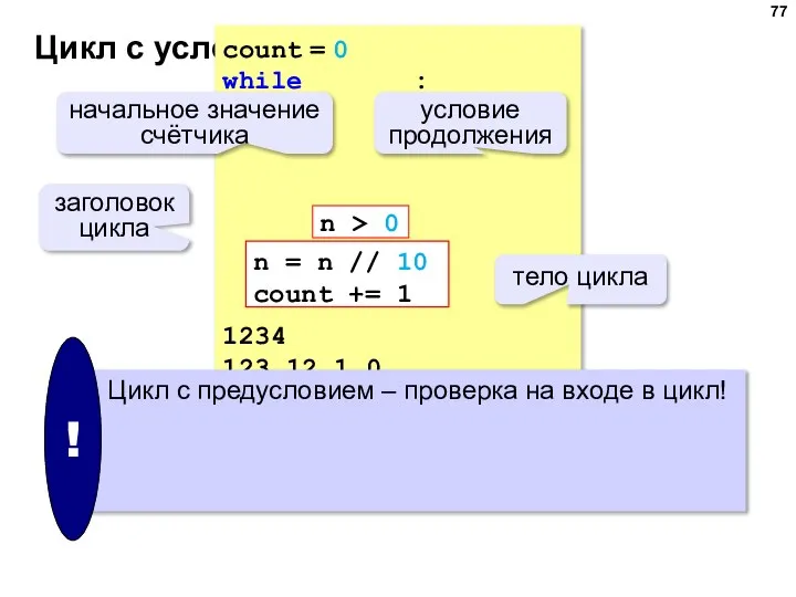 Цикл с условием count = 0 while : 1234 123 12 1