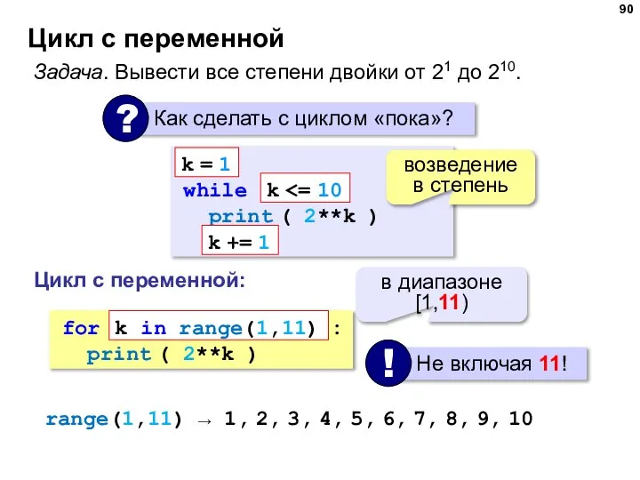 Цикл с переменной Задача. Вывести все степени двойки от 21 до 210.