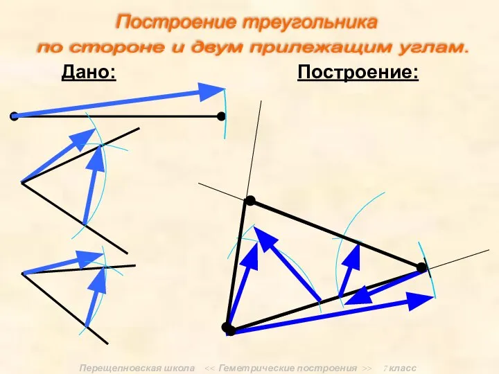 Перещепновская школа > 7 класс Дано: Построение: Построение треугольника по стороне и двум прилежащим углам.