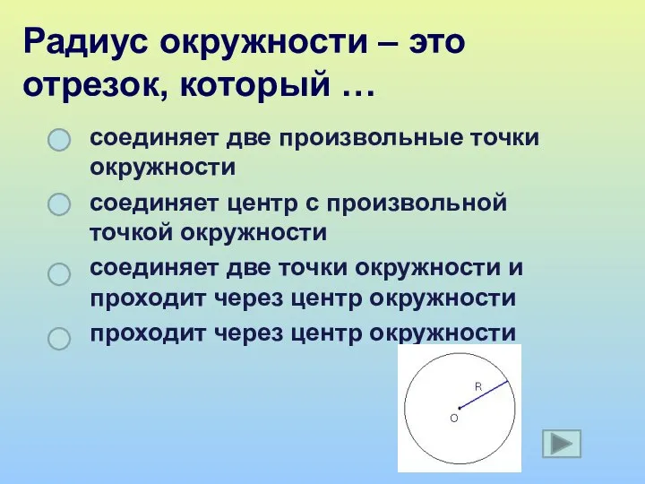 Радиус окружности – это отрезок, который … соединяет две произвольные точки окружности