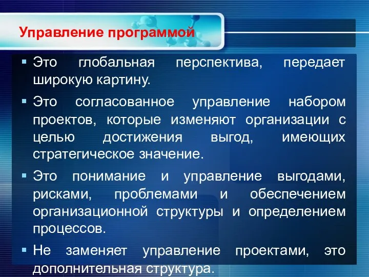 Управление программой Это глобальная перспектива, передает широкую картину. Это согласованное управление набором