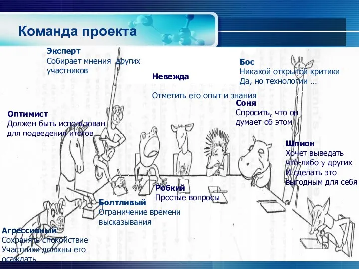 Команда проекта Агрессивный Сохранять спокойствие Участники должны его осаждать Оптимист Должен быть