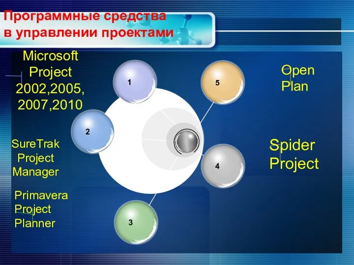 Программные средства в управлении проектами Open Plan Spider Project Microsoft Project 2002,2005,