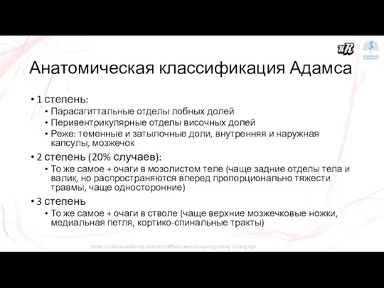 Анатомическая классификация Адамса 1 степень: Парасагиттальные отделы лобных долей Перивентрикулярные отделы височных