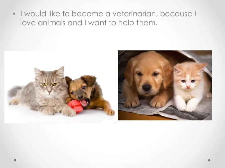 I would like to become a veterinarian, because I love animals and