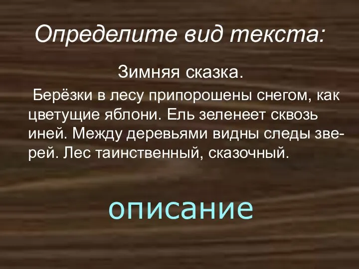 Определите вид текста: Зимняя сказка. Берёзки в лесу припорошены снегом, как цветущие