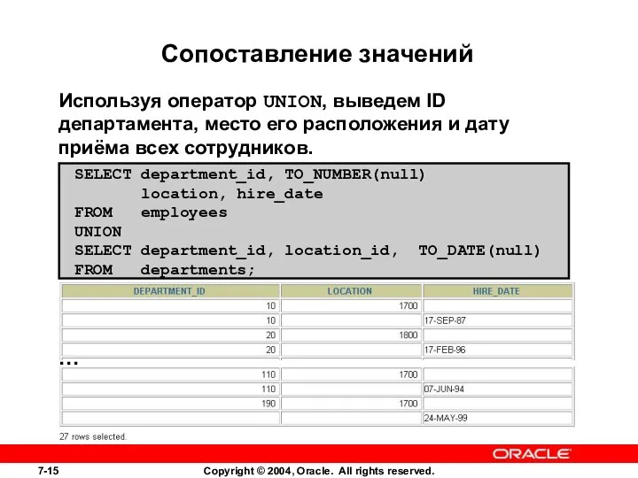 Сопоставление значений Используя оператор UNION, выведем ID департамента, место его расположения и