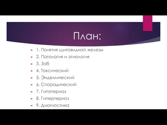 План: 1. Понятия щитовидной железы 2. Патология и этиология 3. Зоб 4.