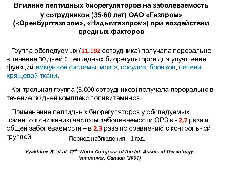 Влияние пептидных биорегуляторов на заболеваемость у сотрудников (35-60 лет) ОАО «Газпром» («Оренбурггазпром»,