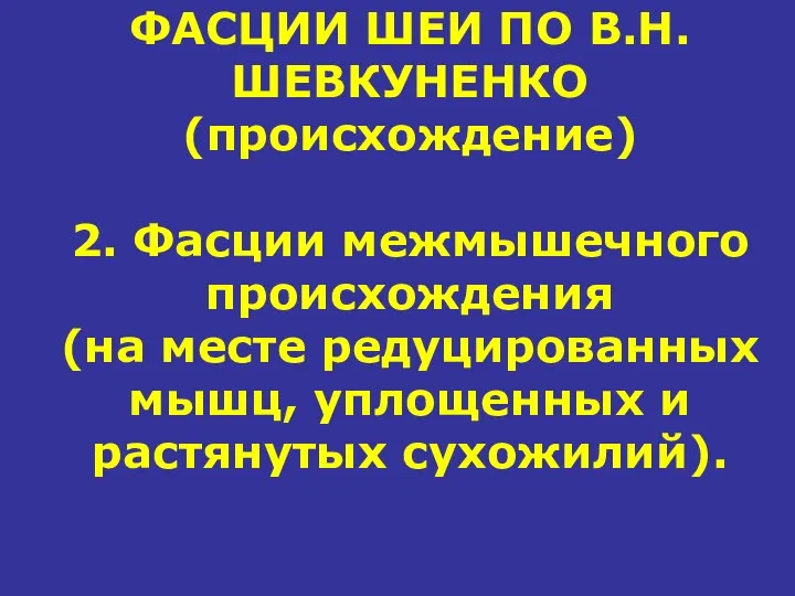 ФАСЦИИ ШЕИ ПО В.Н.ШЕВКУНЕНКО (происхождение) 2. Фасции межмышечного происхождения (на месте редуцированных