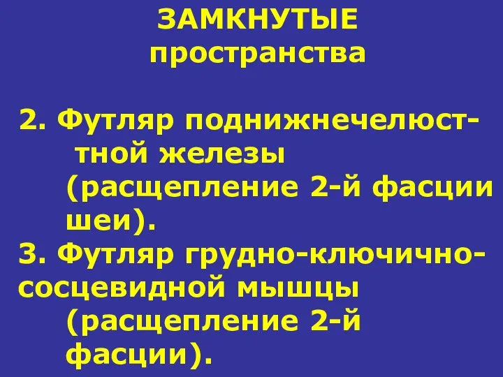 ЗАМКНУТЫЕ пространства 2. Футляр поднижнечелюст- тной железы (расщепление 2-й фасции шеи). 3.