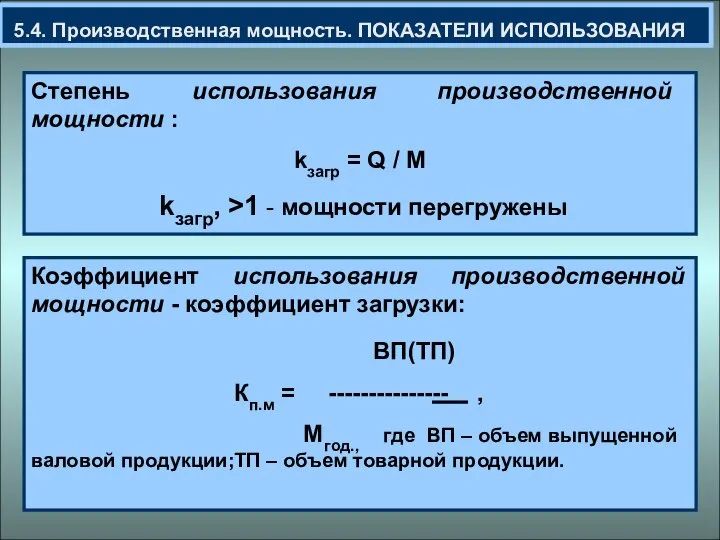 5.4. Производственная мощность. ПОКАЗАТЕЛИ ИСПОЛЬЗОВАНИЯ Степень использования производственной мощности : kзагр =