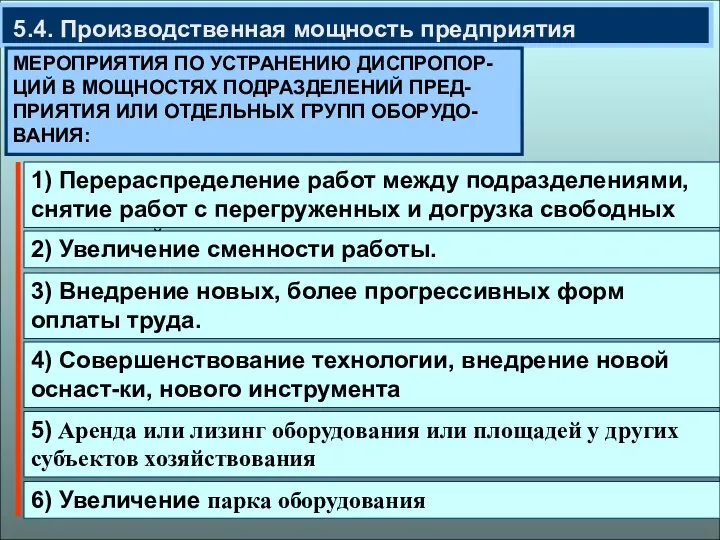 5.4. Производственная мощность предприятия МЕРОПРИЯТИЯ ПО УСТРАНЕНИЮ ДИСПРОПОР-ЦИЙ В МОЩНОСТЯХ ПОДРАЗДЕЛЕНИЙ ПРЕД-ПРИЯТИЯ