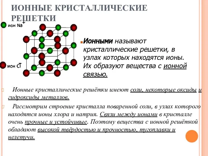 ИОННЫЕ КРИСТАЛЛИЧЕСКИЕ РЕШЕТКИ Ионные кристаллические решётки имеют соли, некоторые оксиды и гидроксиды