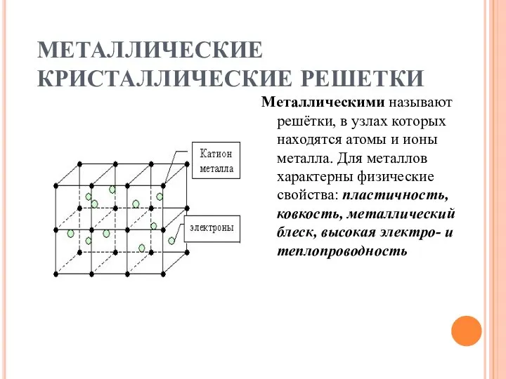 МЕТАЛЛИЧЕСКИЕ КРИСТАЛЛИЧЕСКИЕ РЕШЕТКИ Металлическими называют решётки, в узлах которых находятся атомы и