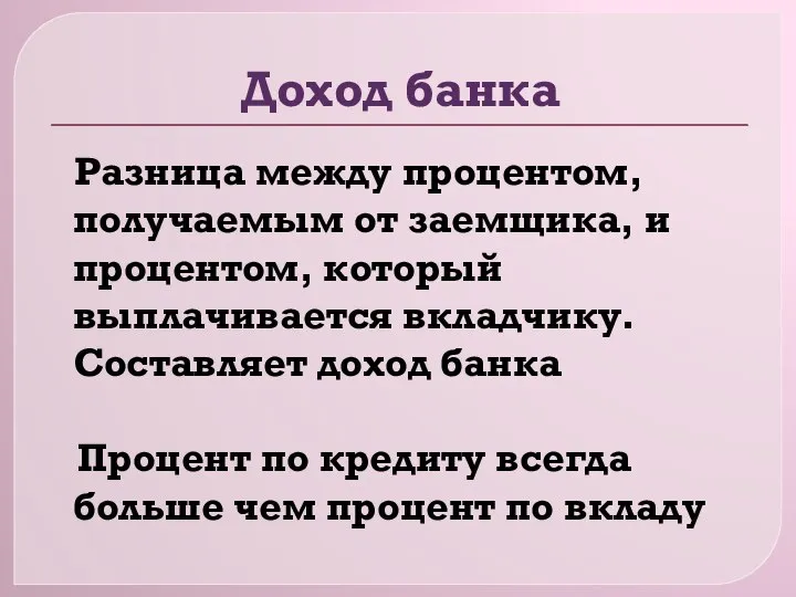 Доход банка Разница между процентом, получаемым от заемщика, и процентом, который выплачивается