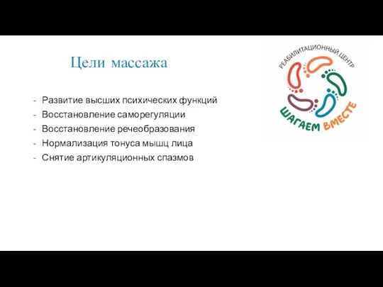 Цели массажа Развитие высших психических функций Восстановление саморегуляции Восстановление речеобразования Нормализация тонуса