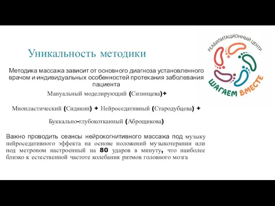 Уникальность методики Методика массажа зависит от основного диагноза установленного врачом и индивидуальных