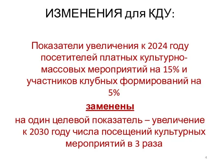 ИЗМЕНЕНИЯ для КДУ: Показатели увеличения к 2024 году посетителей платных культурно-массовых мероприятий