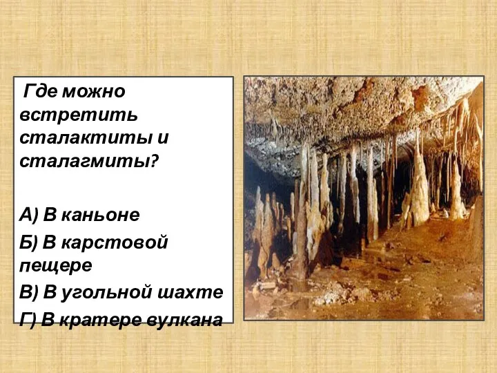 Где можно встретить сталактиты и сталагмиты? А) В каньоне Б) В карстовой