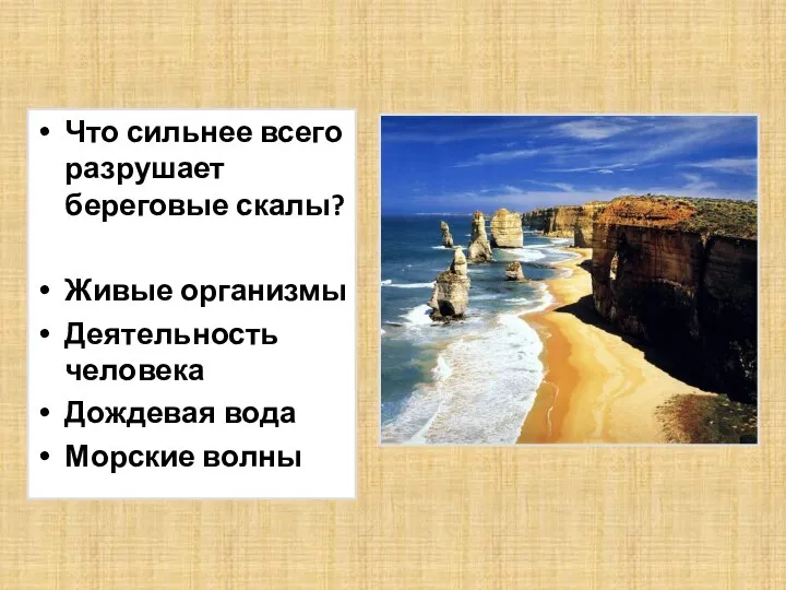 Что сильнее всего разрушает береговые скалы? Живые организмы Деятельность человека Дождевая вода Морские волны