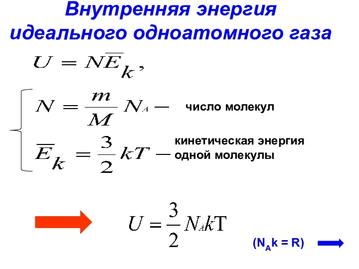 Внутренняя энергия идеального одноатомного газа число молекул кинетическая энергия одной молекулы (NAk = R)