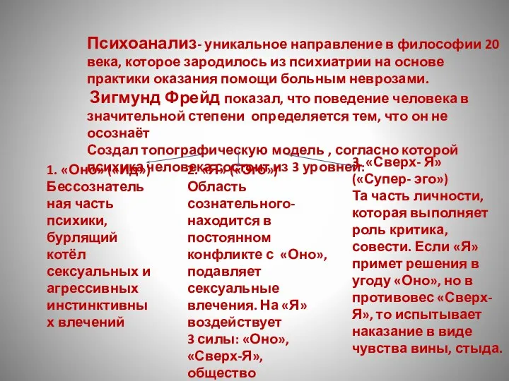 Психоанализ- уникальное направление в философии 20 века, которое зародилось из психиатрии на