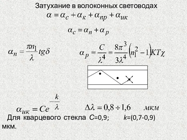 Затухание в волоконных световодах , Для кварцевого стекла С=0,9; k=(0,7-0,9) мкм.