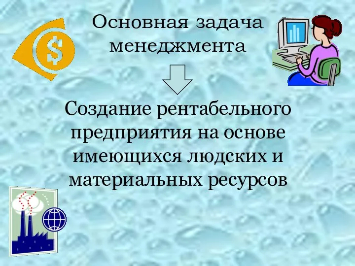 Основная задача менеджмента Создание рентабельного предприятия на основе имеющихся людских и материальных ресурсов